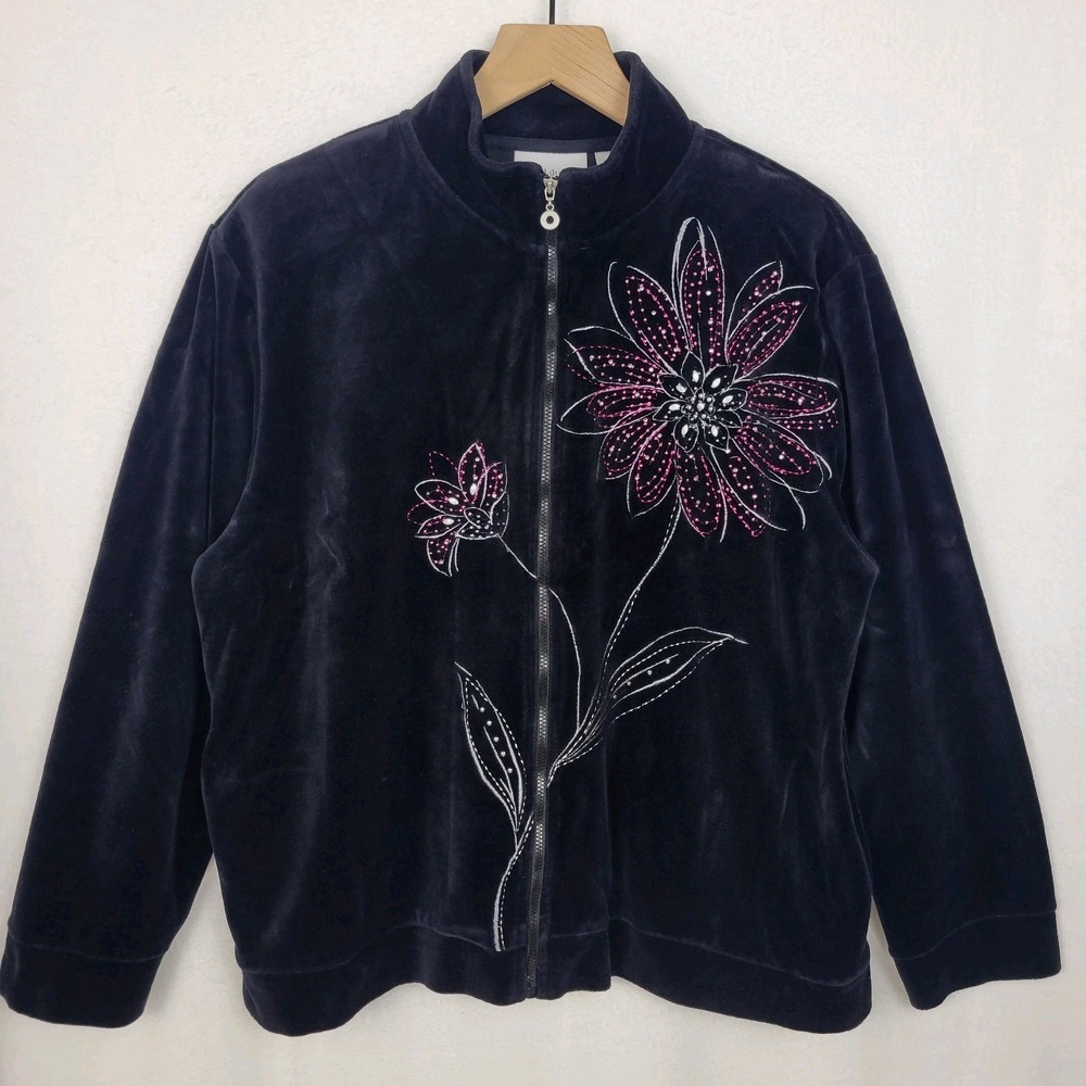 Black Velour Full Zip Floral‎ Embroidered Jacket